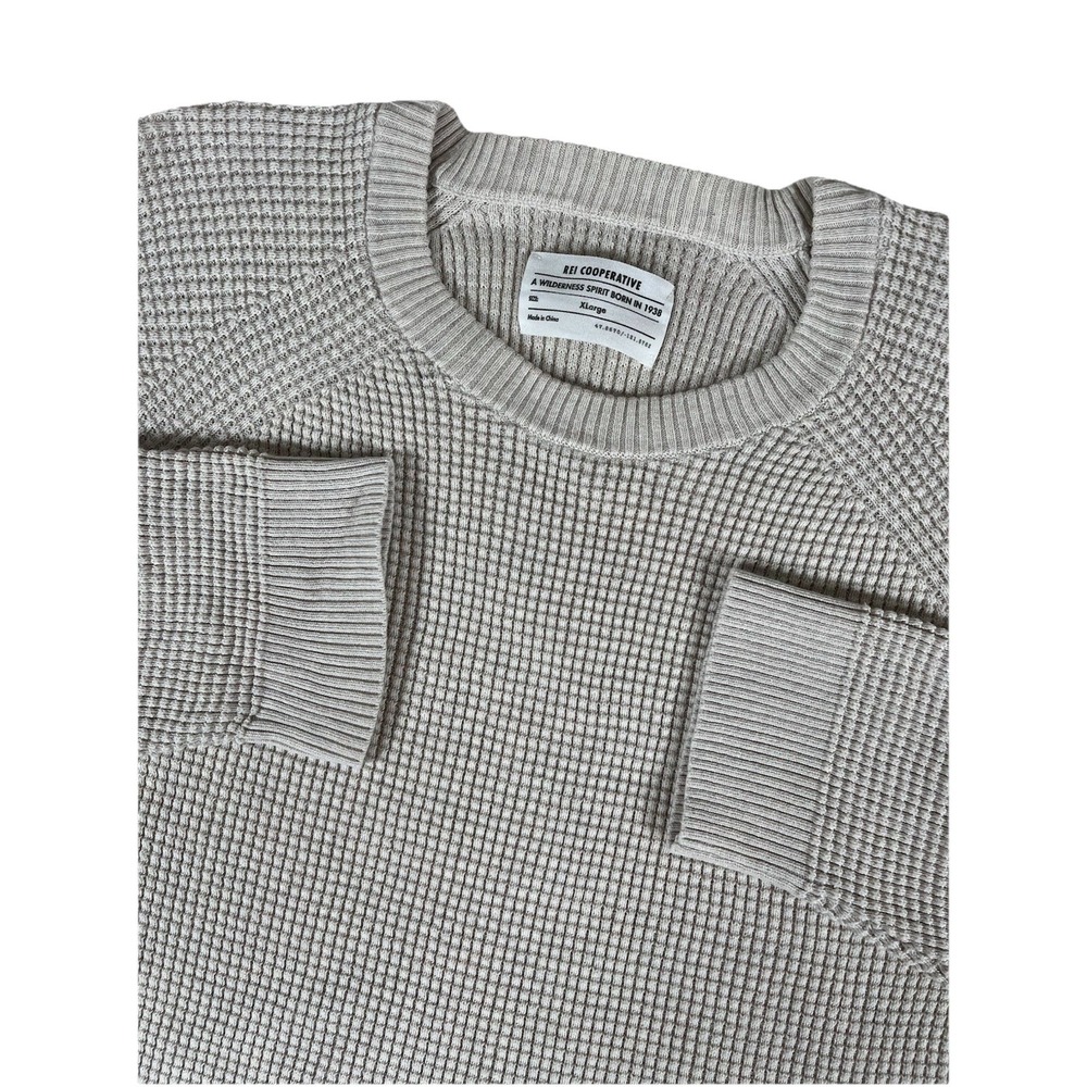 REI Co-Op Beige Waffle Knit Heavy Cotton Crewneck Pullover Sweater Men's XL